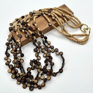 Boho Multi-Strand Coconut Shell and Wood Bead Necklace Gold Tone Clasp VTG